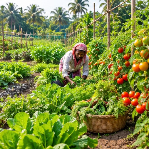 Fresh vegetables growing in a farm garden